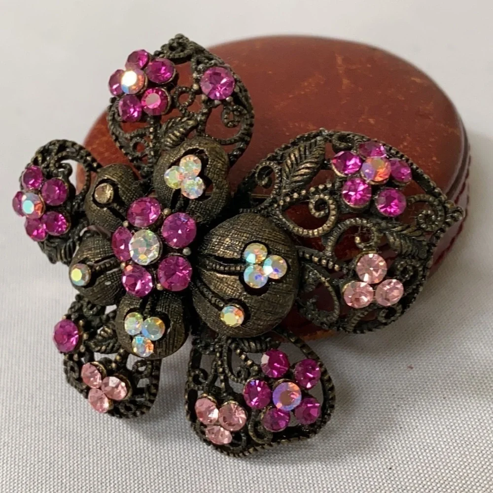 Vintage pink rhinestone Orchid pin brooch